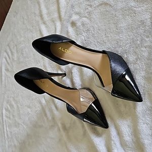 Aldo sexy heels with leather, patent leather, clear accents, Size 8